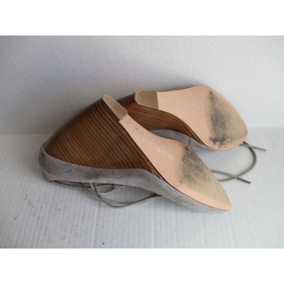 *Charles David Beige Suede Pumps Ankle Tie Closure Stacked Wedge Heels - Picture 8 of 9